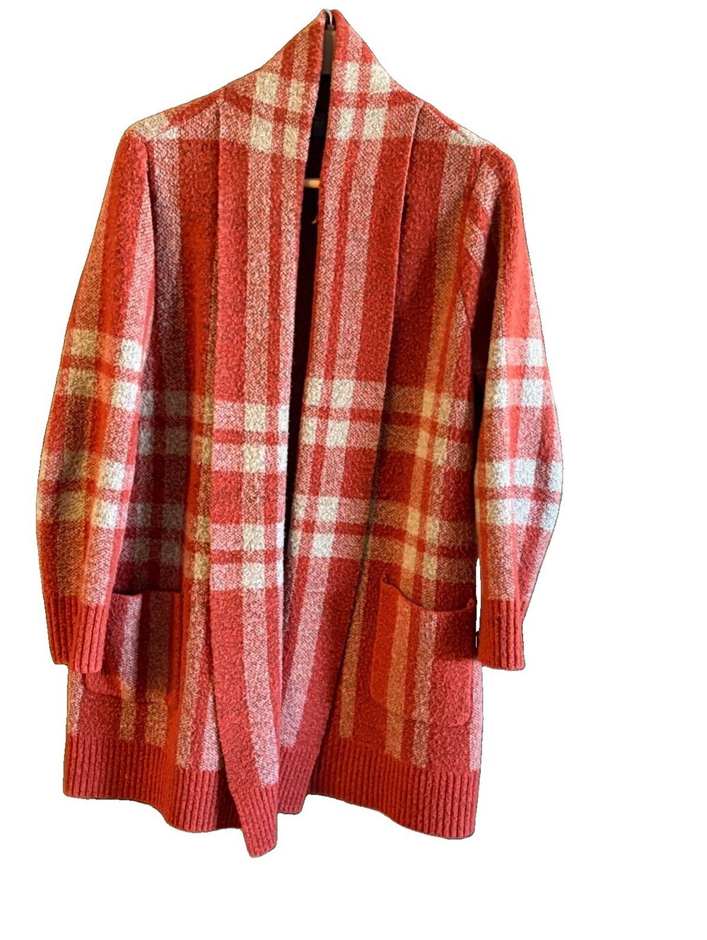 Cyrus 1X Acrylic Knit Cardigan Orange/Rust Checked Shawl collar Long Sleeve